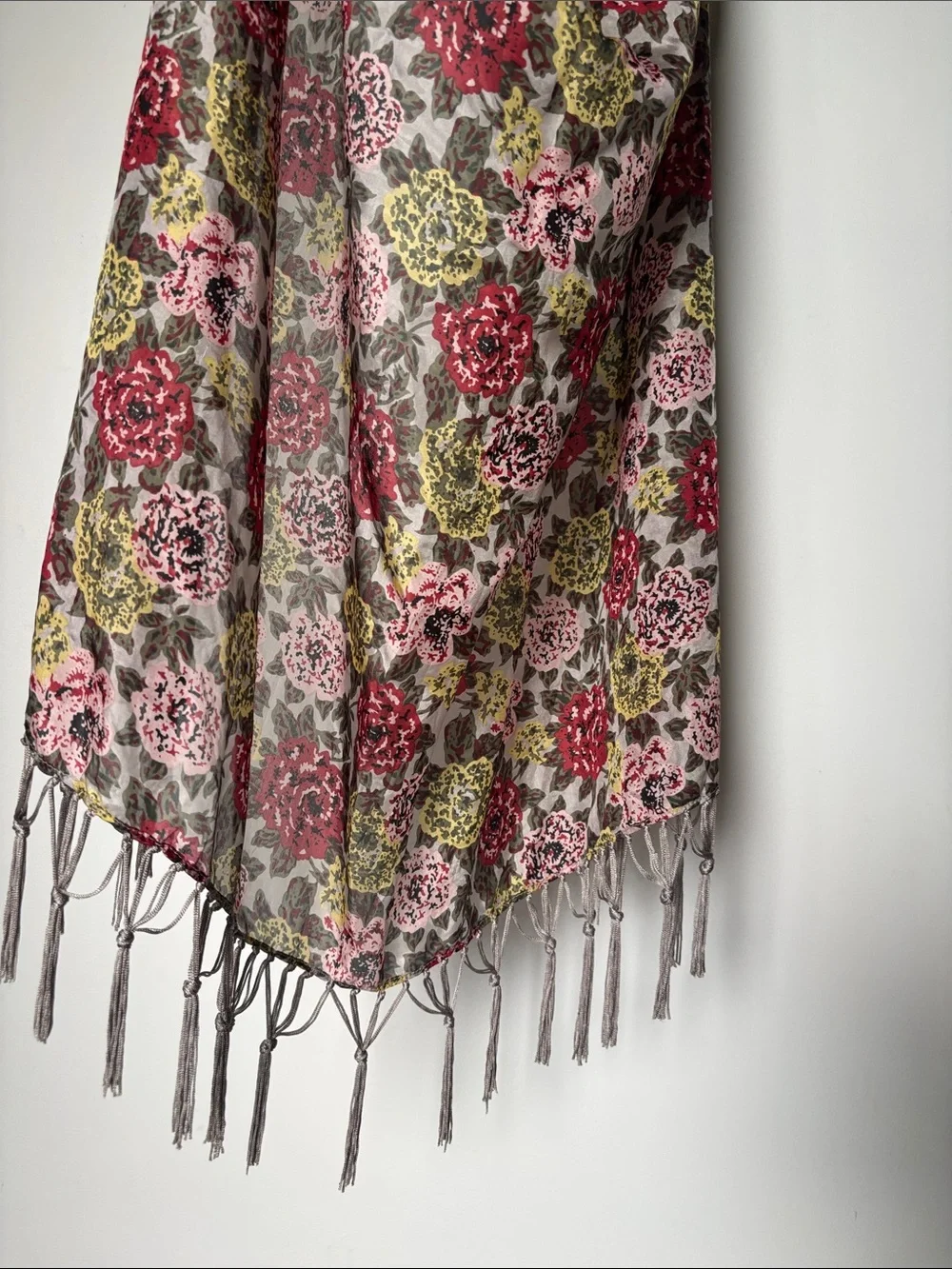 Vintage Silky Floral Fringe Rose Print Scarf with Gray Tassels